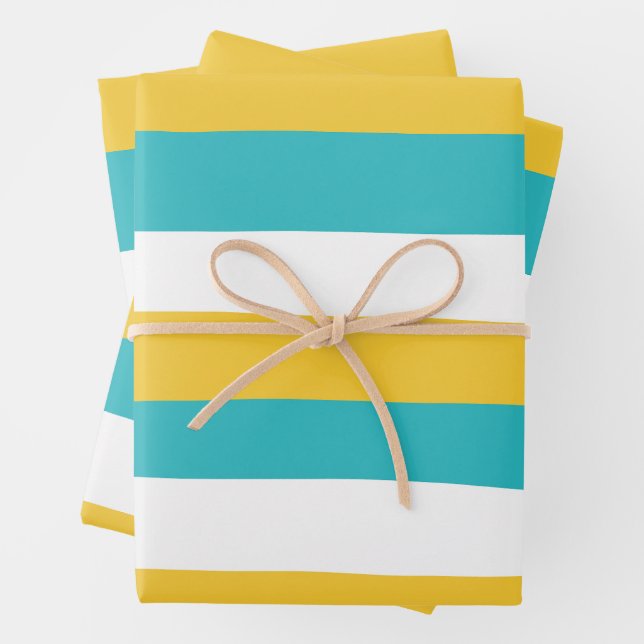 Feuille De Papier Cadeau Stripes inégales - Turquoise et Jaune (En situation)