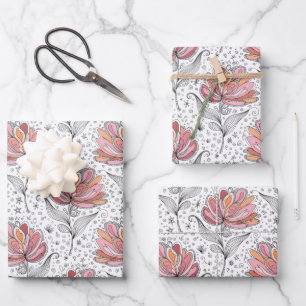 Feuille De Papier Cadeau Style de dessin abstrait floral rose pêche