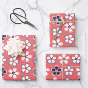 Feuille De Papier Cadeau Style Hawaiian Floral Pattern Cute Coral Navy