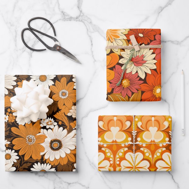 Feuille De Papier Cadeau Style les années 70 rétro motif floral (Recto)