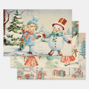 Feuille De Papier Cadeau Style trio rétro Vintage de Noël G