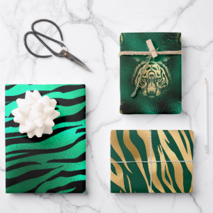 Feuille De Papier Cadeau Style Vert & Or Tigres visage et rayures Safari