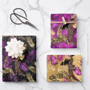 Feuille De Papier Cadeau Style violet et or léopard et safari femme