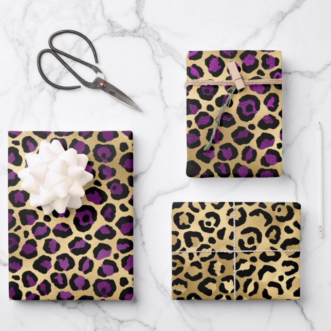Feuille De Papier Cadeau Stylish Purple & Gold Foil Leopard Spots Safari (Recto)