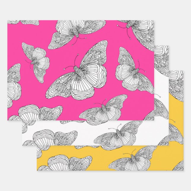 Feuille De Papier Cadeau Stylo et Motifs papillon d'encre (Lot)