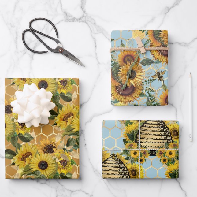 Feuille De Papier Cadeau Stylo Sunflowers Jaune Gold Honeypeb Turquoise (Recto)