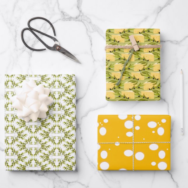 Feuille De Papier Cadeau Succursale d'olive et Motif de fromage jaune (Recto)