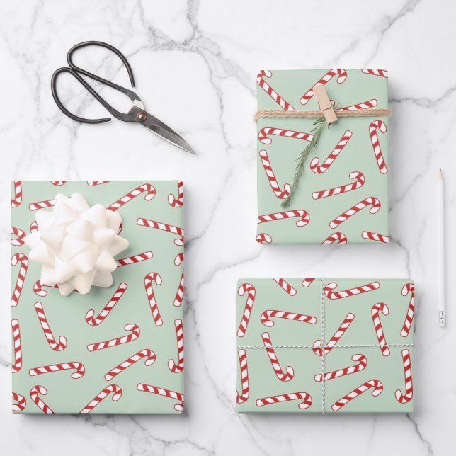 Feuille De Papier Cadeau Sucre de canne rouge, vert et blanc Motif de Noël (Recto)
