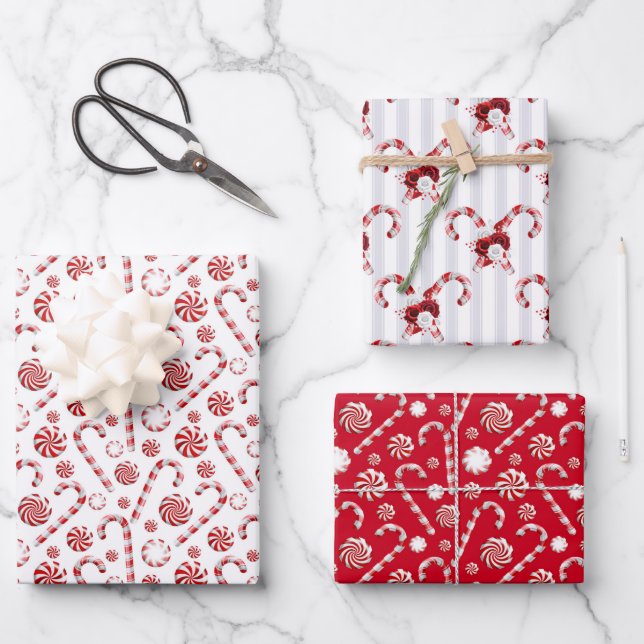 Feuille De Papier Cadeau Sucres de canne de Noël blanc rouge (Recto)