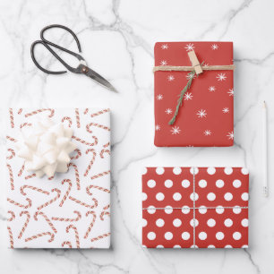 Feuille De Papier Cadeau Sucres de canne Dots et flocons de neige Noël rou