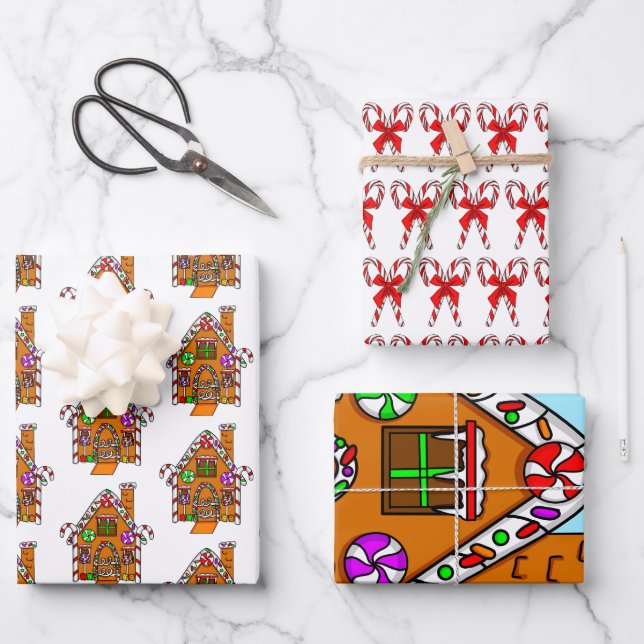 Feuille De Papier Cadeau Sucres de canne, Maison de pain d'épices Noël (Recto)