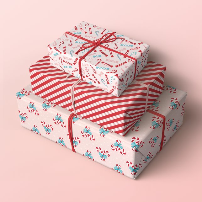 Feuille De Papier Cadeau Sucres de canne sucrés et Motifs de bonbons de Noë (Set of 3 Christmas Candy, Candy Canes and Stripes Patterns in Pastel Pink, Blue and Red)