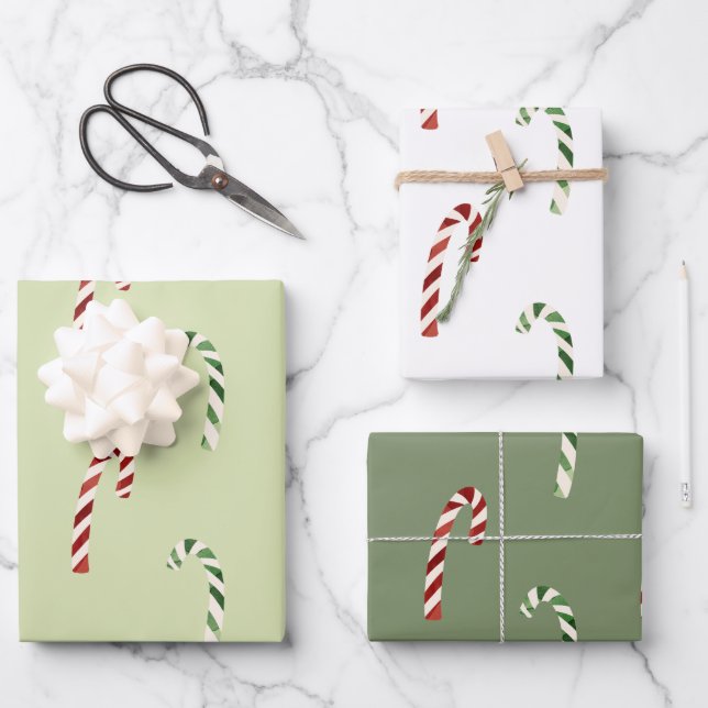 Feuille De Papier Cadeau Sucres de canne verts et rouges Noël (Recto)