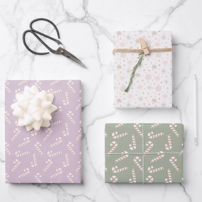 Feuille De Papier Cadeau Sucres de canne violets et verts Flammes de neige  (Recto)