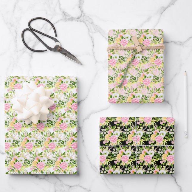 Feuille De Papier Cadeau Summer Pink and Yellow Flowers and Foliage (Recto)