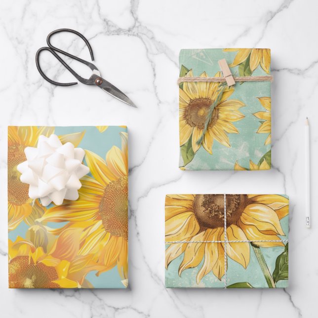 Feuille De Papier Cadeau Sunflowers blue background (Recto)