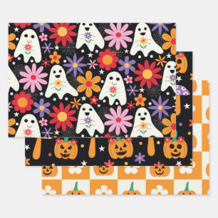 Feuille De Papier Cadeau Super Halloween Fantômes Citrouilles et fleurs