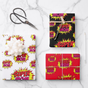 Feuille De Papier Cadeau Super Maman sur Rouge, Blanc et Noir