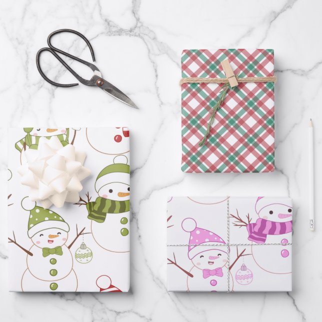 Feuille De Papier Cadeau Super mignon Snowman et Noël Jour de Fêtes Plaid (Recto)