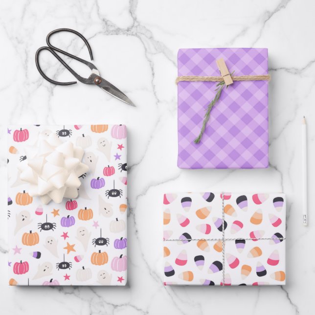 Feuille De Papier Cadeau Super mignonne Moderne violet citrouille Halloween (Recto)