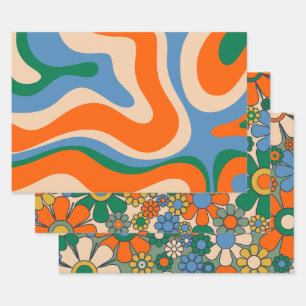 Feuille De Papier Cadeau Super Retro 60s les années 70 Floral et Motifs Abs