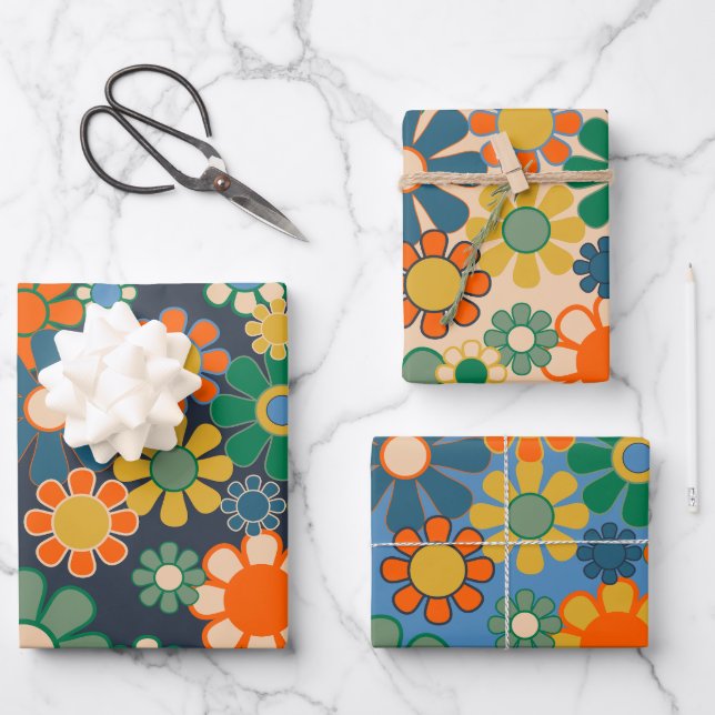 Feuille De Papier Cadeau Super Retro Floral 60s les années 70 Motifs esthét (Recto)