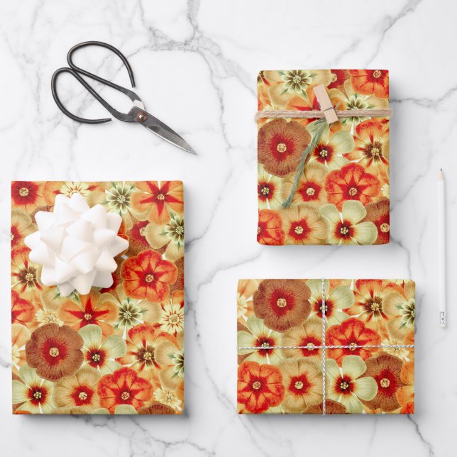 Feuille De Papier Cadeau Super Retro Orange Hippie Fleurs Motif (Recto)