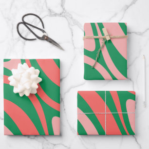 Feuille De Papier Cadeau Super rose et vert des tourbillons de Noël rétro