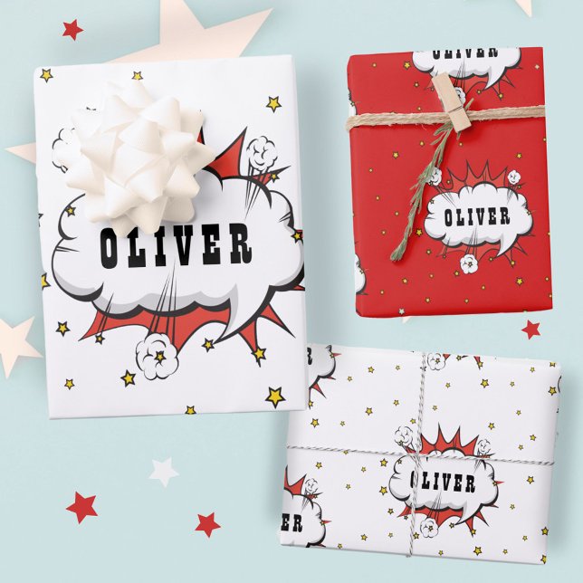 Feuille De Papier Cadeau Superhero Comic Speech Bubble Red Boy Name (Créateur téléchargé)