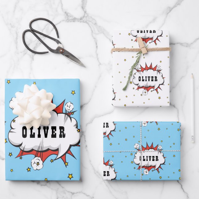 Feuille De Papier Cadeau Superhero Comic Speech Bubble Red Boy Name (Recto)