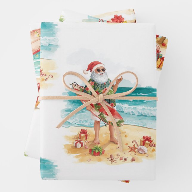 Feuille De Papier Cadeau Surfing Santa Christmas  (En situation)