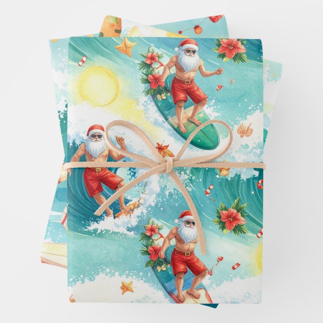 Feuille De Papier Cadeau Surfing Santa Claus  (En situation)