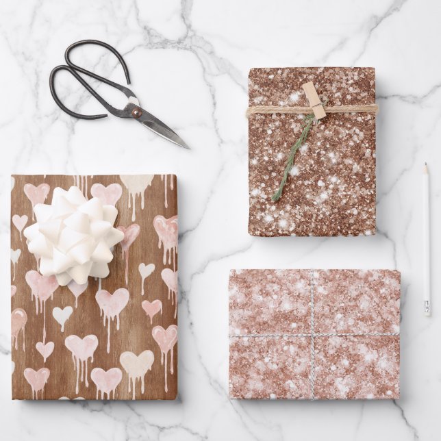 Feuille De Papier Cadeau Sweet Chocolate Hearts Cream Brown Pink Glitter (Recto)