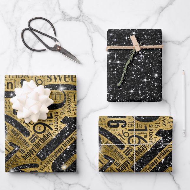 Feuille De Papier Cadeau Sweet sixteen Sparkle Word Cloud Noir/Or ID265 (Recto)