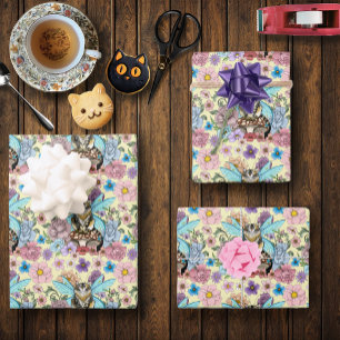 Feuille De Papier Cadeau Tabby Fairy Cat Mushroom Floral