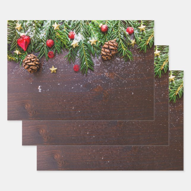 Feuille De Papier Cadeau Table de Noël rustique avec pin et neige (Lot)