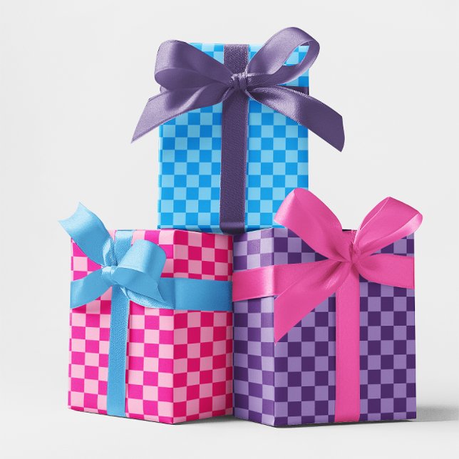 Feuille De Papier Cadeau Tableau de bord bleu rose et violet Multi (Blue Pink and Purple Checkerboard Multi Wrapping Paper Sheets)