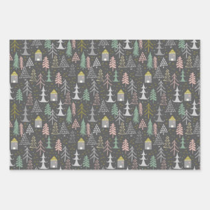 Feuille De Papier Cadeau Tableau noir Arbres de Noël et Maisons Jaune rose