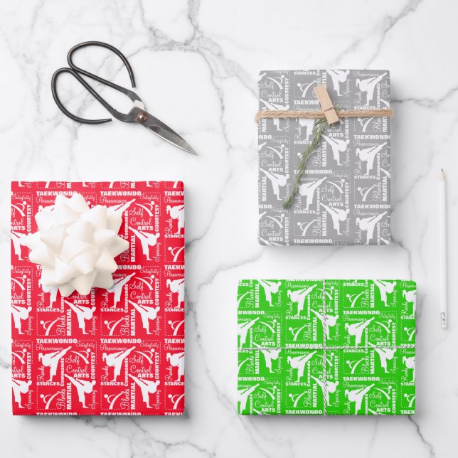 Feuille De Papier Cadeau Taekwondo mignonne Rouge Vert Argent Blanc Fille (Recto)