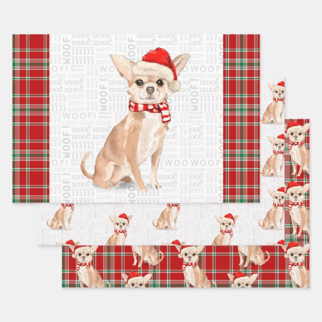 Feuille De Papier Cadeau Tan Chihuahua Chien de Noël et de Plaid (Lot)
