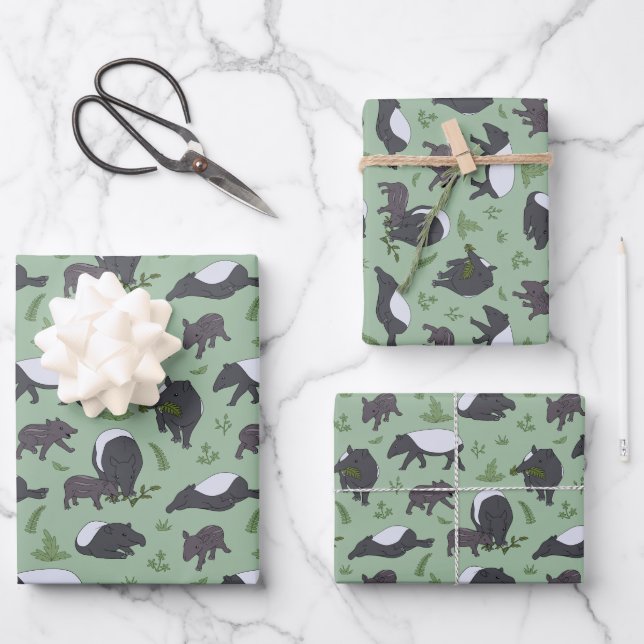 Feuille De Papier Cadeau Tapirs et bébés Motif Mint Green (Recto)