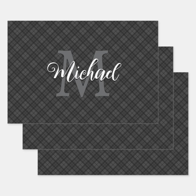 Feuille De Papier Cadeau Tartan blanc noir plaid hiver Noël Monogramme (Lot)