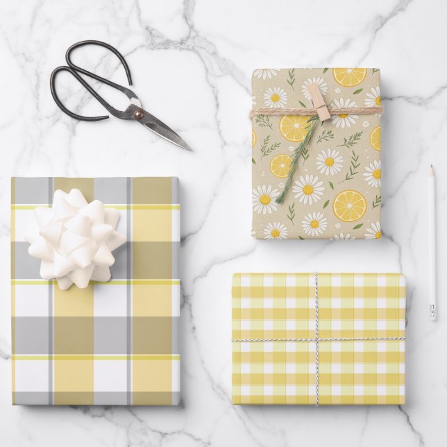 Feuille De Papier Cadeau Tartan daisy lemon yellow beige set wrapping paper (Recto)