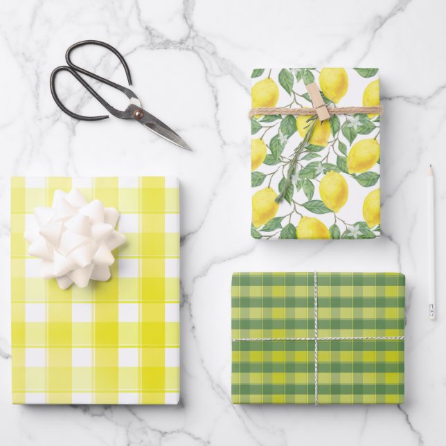 Feuille De Papier Cadeau Tartan daisy lemon yellow green set wrapping paper (Recto)