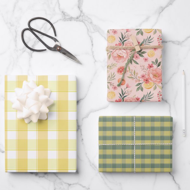 Feuille De Papier Cadeau Tartan lemon yellow peach green set wrapping paper (Recto)