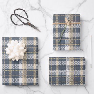 Feuille De Papier Cadeau Tartan - Marine, sable et blanc naturel