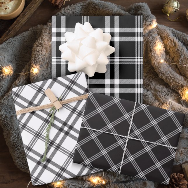 Feuille De Papier Cadeau Tartan Noir Et Blanc Classique (Classic Black And White Tartan Plaid Wrapping Paper Sheets)