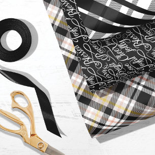 Feuille De Papier Cadeau Tartan noir et blanc Plaid Typographie de Noël