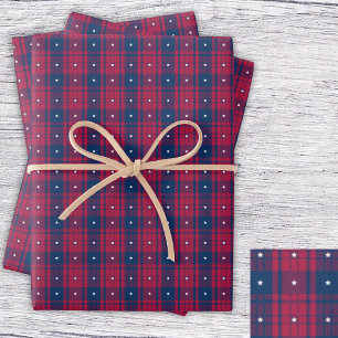 Feuille De Papier Cadeau Tartan - Patriotique - Bleu Rouge Étoiles Blanches