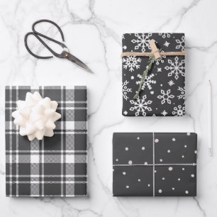 Feuille De Papier Cadeau Tartan Plaid et flocon de neige monochrome